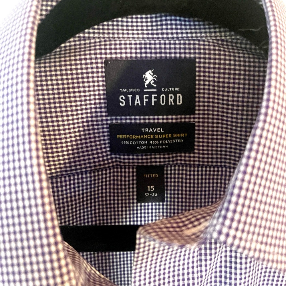 NWT Stafford Men's Fitted Blue and White Checkered Button Down Shirt 15 32-33 - Picture 5 of 7